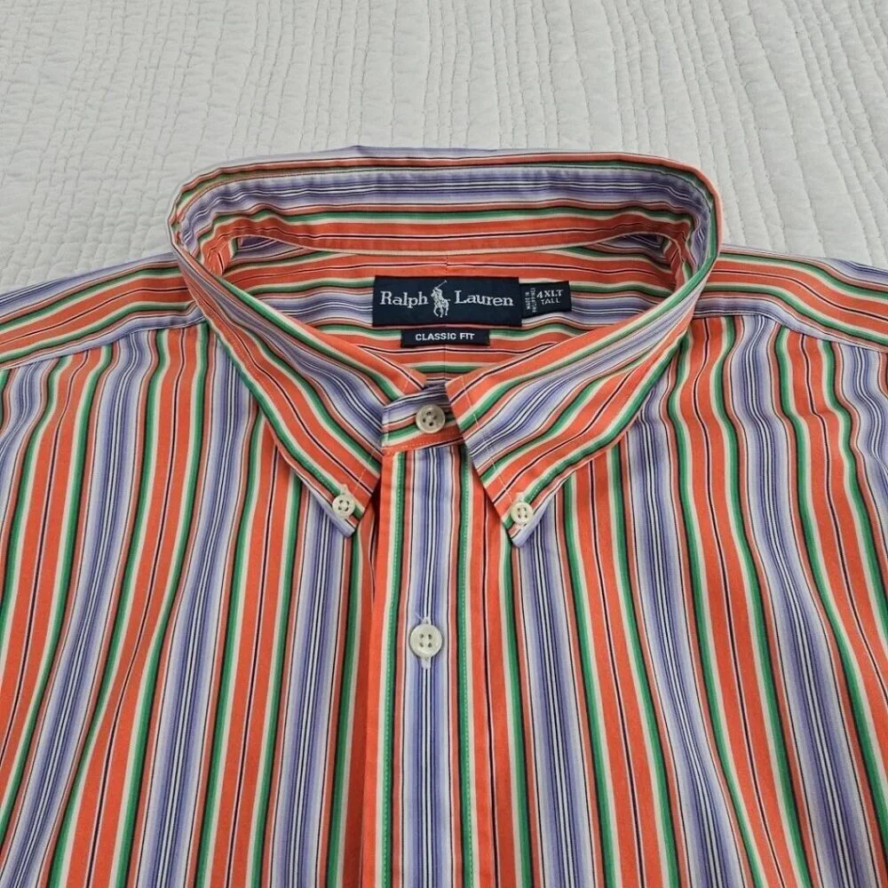 Polo Ralph Lauren Classic Fit Button‎ Down Shirt Men's 4XLT Orange Blue Stripe